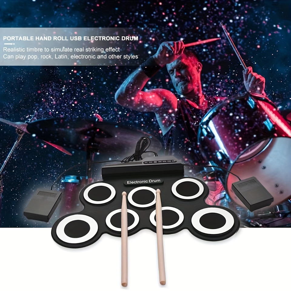 Taille de tambour électronique USB pliable Ensemble de batterie en silicone  Kit de batterie numérique 7-en-1 Kit de batterie électronique portable Us