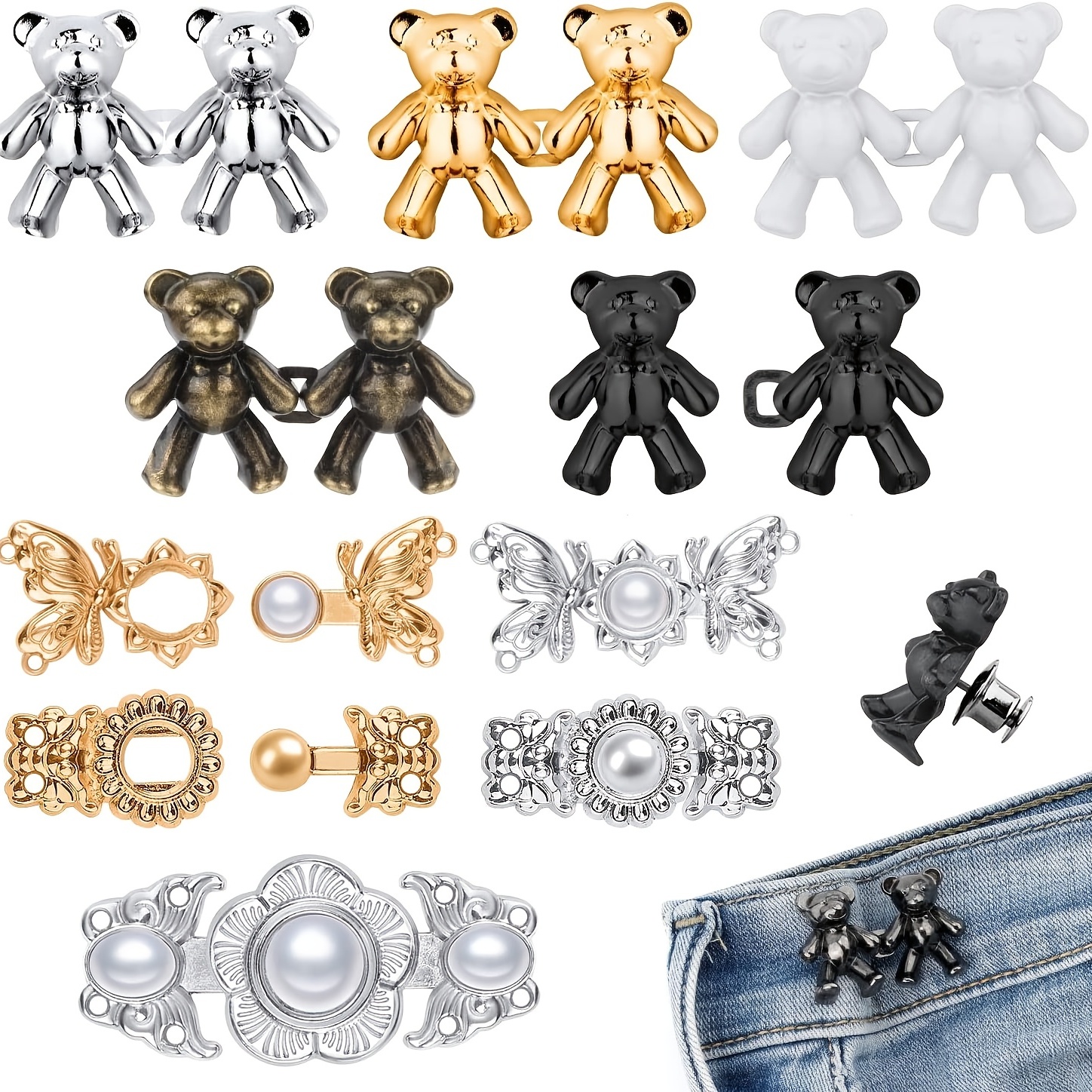 6/12 Pairs Cute Teddy Bear Clips for Pants, Metal Bear Jeans Buttons with  Small Box, Adjustable Teddy Bear Pants Clips for Waist Buckle (Small