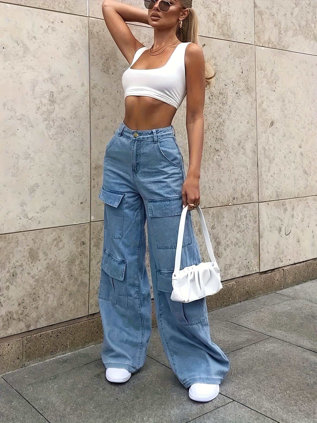 Flap Pockets Boyfriend Cargo Pants, Loose Fit Drawstring Elastic Waist  Straight Jeans, Women's Denim Jeans & Clothing