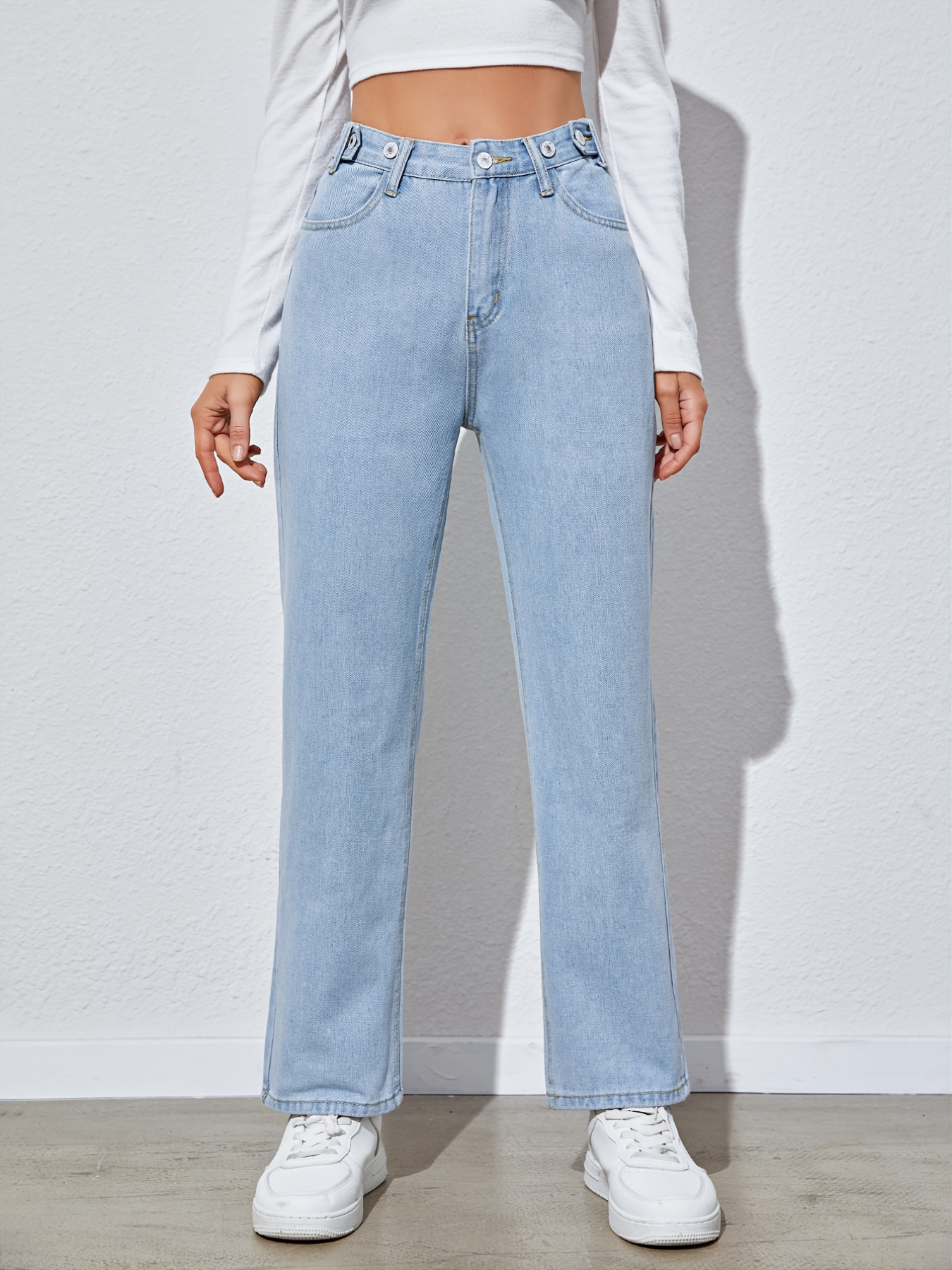 Double Button High Mom Jeans Light Washed Blue Slash - Temu