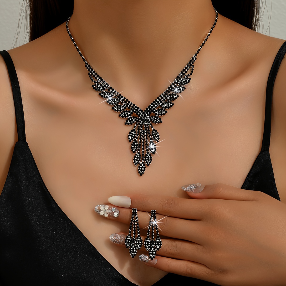 Silver And Black Jewelry Set - Temu