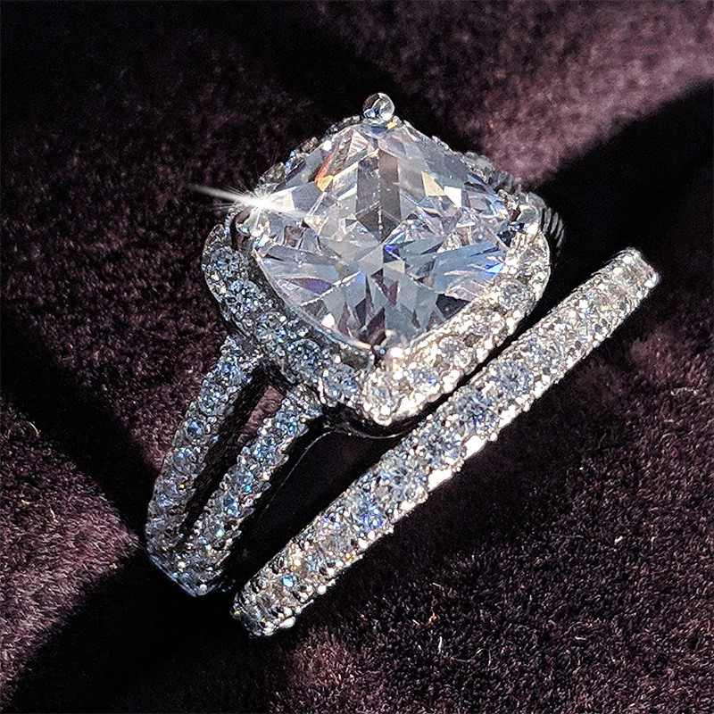 2pcs/set Elegant Women's Fashion Wedding Jewelry Ring Set Romantic Bride  Engagement Wedding Band Party Ring Size Us 5-11#