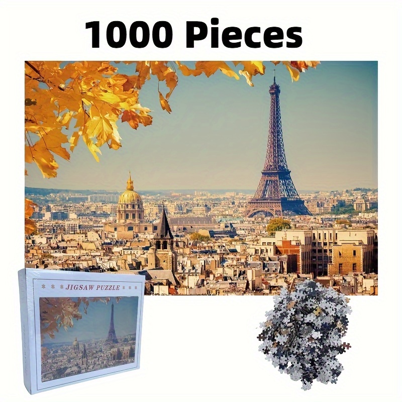 Puzzle, Paris, France, Eiffel Tower and River, Lithograph Style, 1000 Pieces,  Unique Jigsaw, Family, Adults 