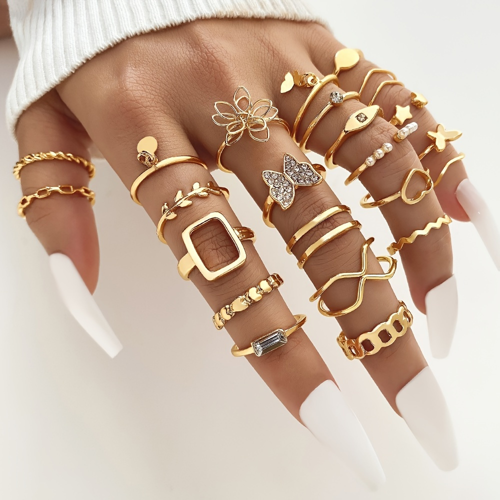 Boho Gold Color Silver Color Pearl Rings Set For Women Fashion Geometric  Twist Hollow Open Ring Joint Finger Rings Charm Jewelry