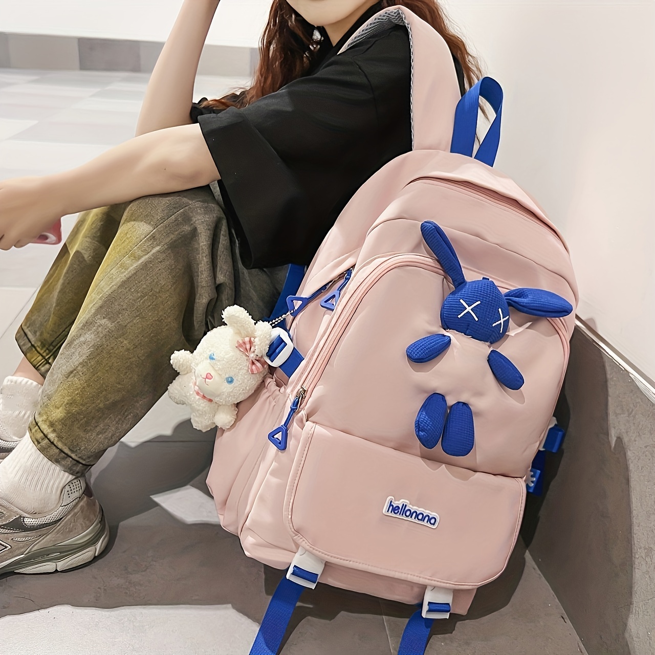 5pcs/set Canvas Kawaii Women Backpack Korean Cute Teenage Student Girl  Large Capacity Schoolbag Clutch Travel Shoulder Bags Gift