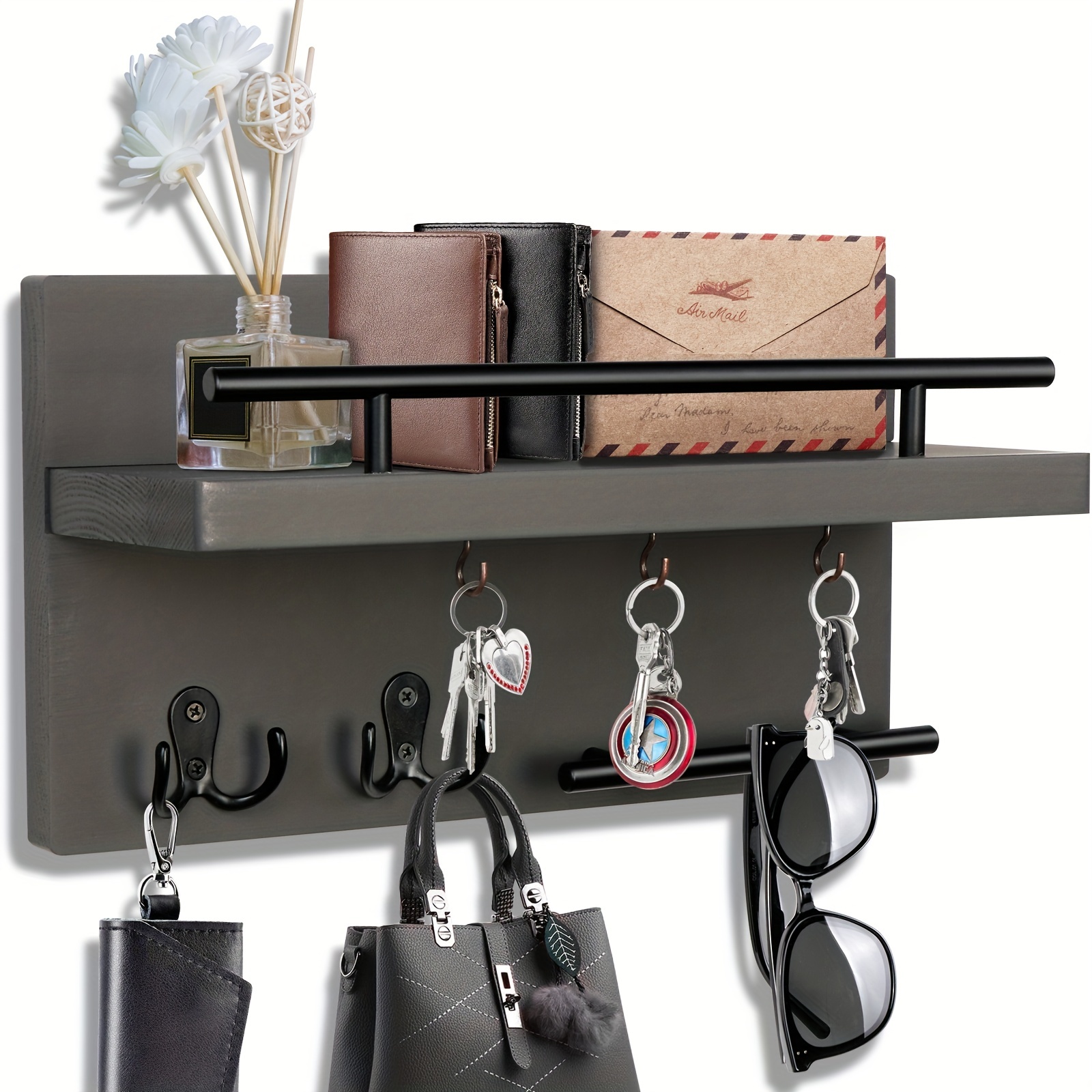 Caja de llaves de madera, organizador de llaves de montaje en pared,  rústico, decorativo, de madera, con 6 ganchos para llaves para el hogar,  entrada