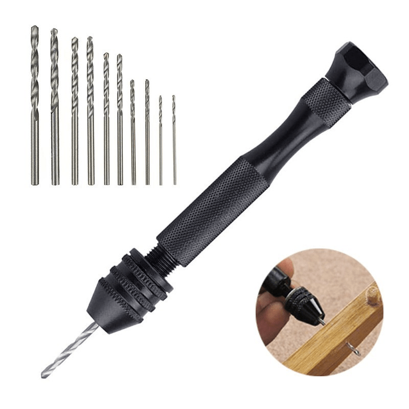 Salmue Micro Mini Hand Drill Tool, Portable Tool Set Small Hand Drill & 10 Pcs Twist Drill Bits 0.8-3.0mm Precision Pin Vise Woodworking Hand Drill