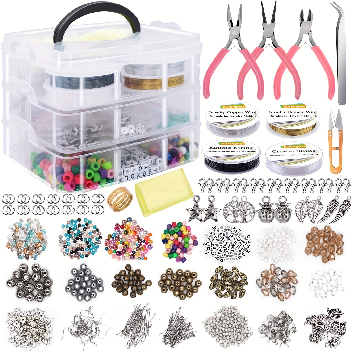  Kit de suministros para hacer joyas, aretes y herramientas de  reparación, incluye dijes de joyería, cuentas, hallazgos, estuche y alambre  de cuentas para collar, pulsera, regalos de manualidades para niñas y