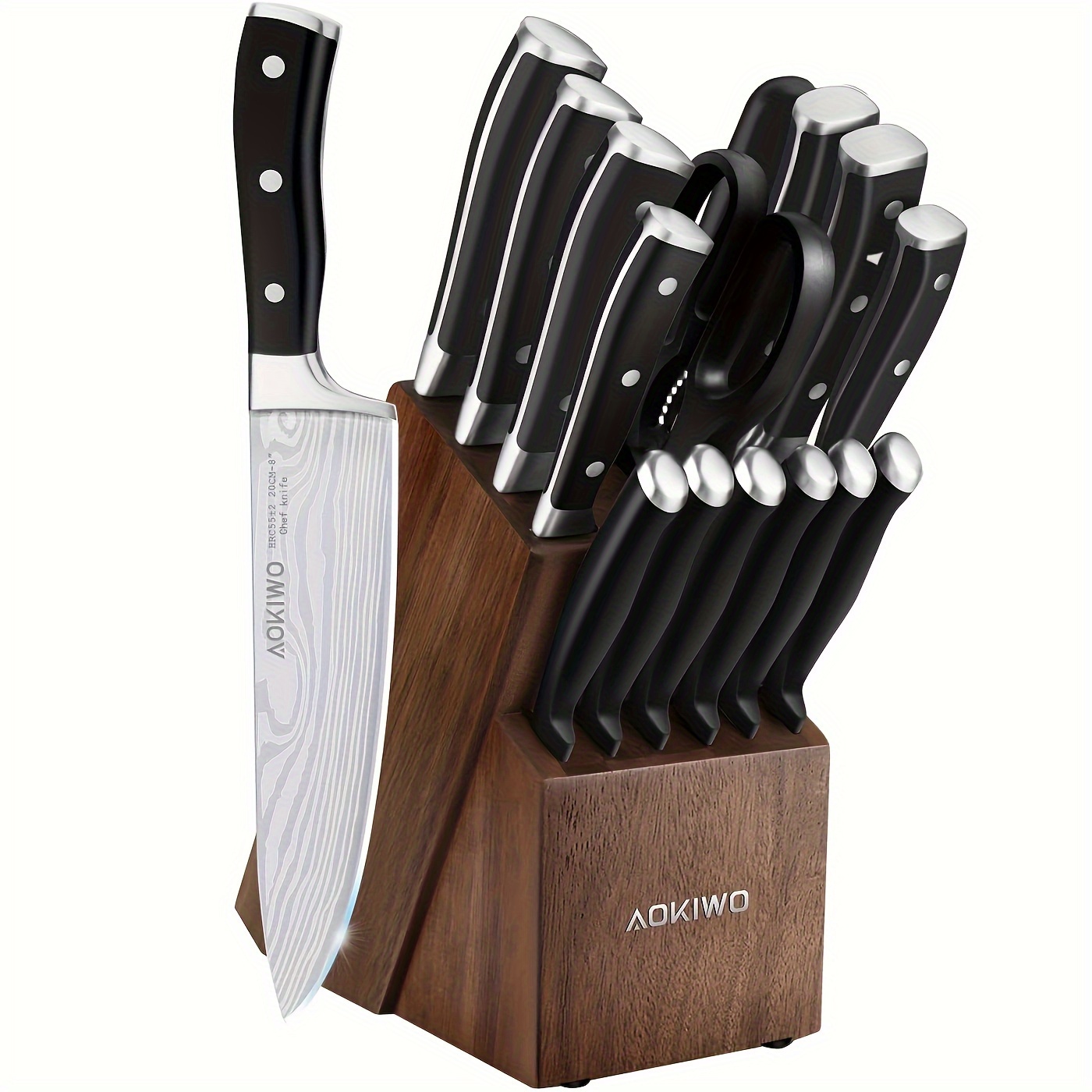24Pcs Dishwasher Safe Kitchen Knife Set with Block Self Sharpening Black 6  Steak