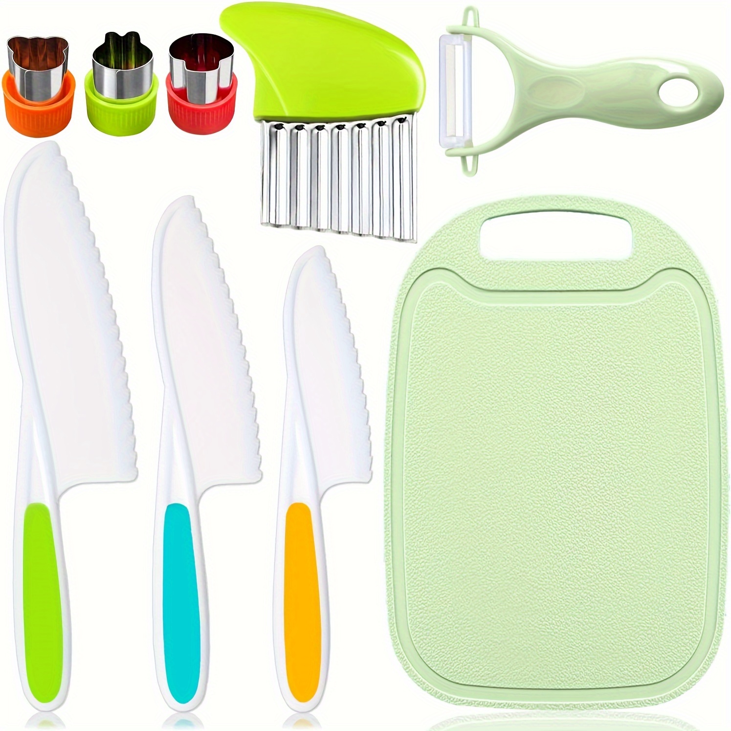  6 cuchillos de madera para niños para cocinar, cuchillos  seguros para niños, cortar verduras, frutas, incluye cuchillo de madera para  niños, rebanadores de papas de plástico, cuchillos de cocina, bordes  dentados