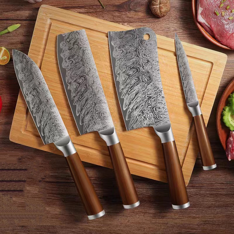 Complete 8-piece Kitchen Knife Set With Damascus Pattern Japanese Chef Knife  Set With Smooth Wooden Handles Ultra Sharp for Fast Cutting 