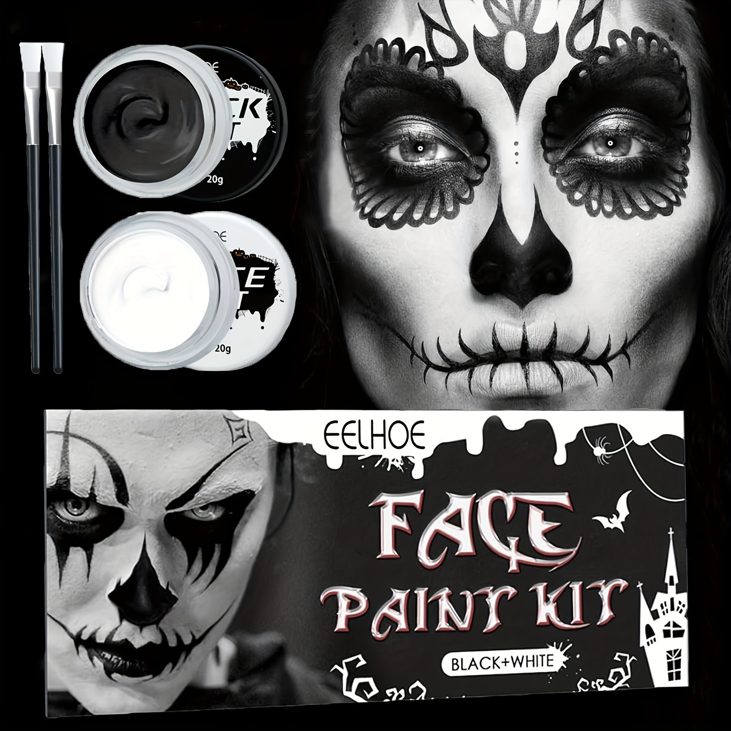 3Pcs White Black Red Face Body Paint,Professional Water Based Face Body  Paint,High Pigmented Clown Halloween Makeup Kit for Adults,White SFX Zombie