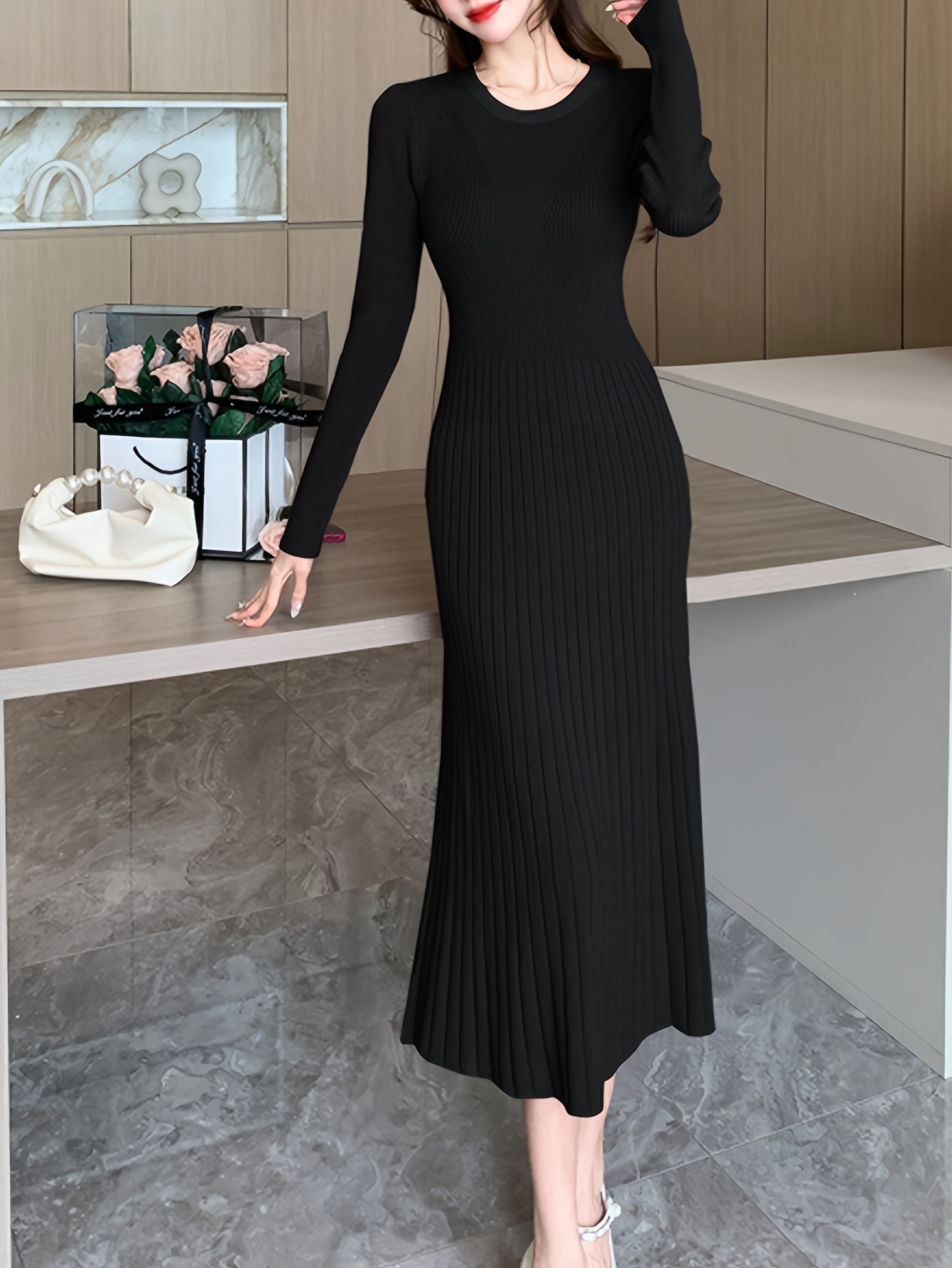 Solid Crew Neck Long Sleeve Pencil Dress Bohemian Slim - Temu