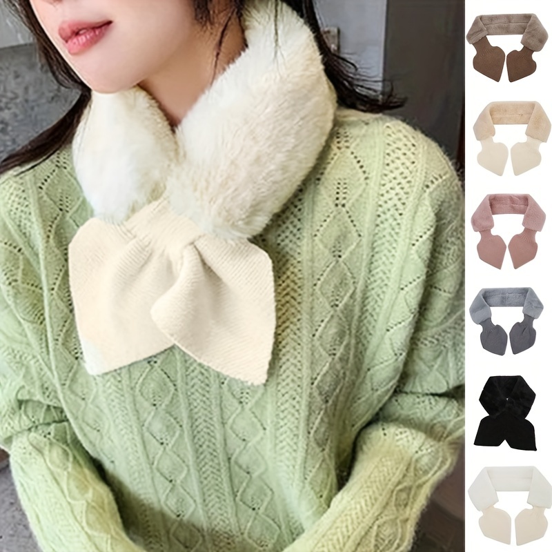 Solid Color Faux Fur Collar Scarf Soft Warm Double Sides Cross Tie Scarf  Faux Pearl Decorated Neck Scarf - Temu