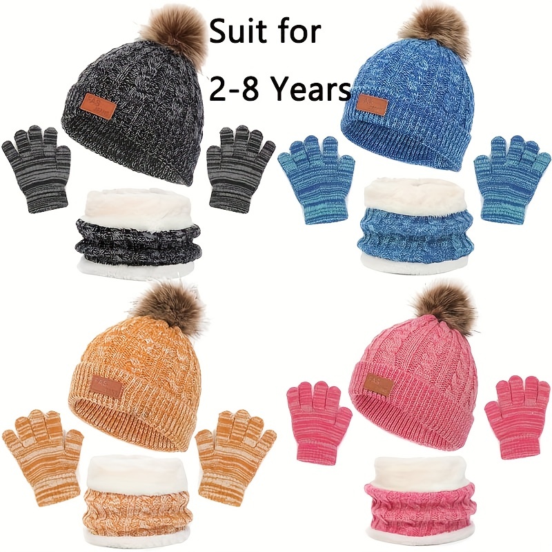 2pcs+1paire Enfants Tout Petits Hiver Tricot Chaud Bonnet - Temu France