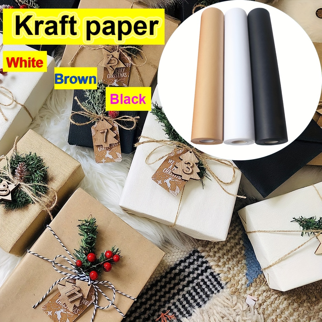 1 Rouleau, Papier D'emballage Cadeau En Kraft Blanc 12 X 393 Pouces, Papier  D'emballage