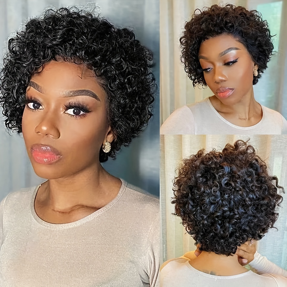 Brazilian Remy Human Hair Curly Wave Pixie Cut Wig Side Part - Temu Canada