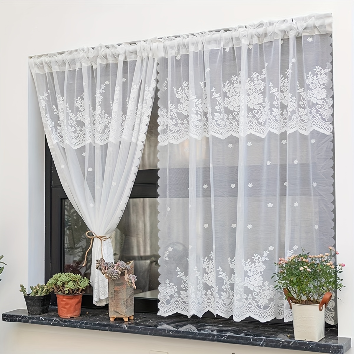 Cortina de ventana de doble capa, elegante cortina opaca de tul con bordado  de encaje, cortina opaca de tul de doble cubierta, panel de cortinas