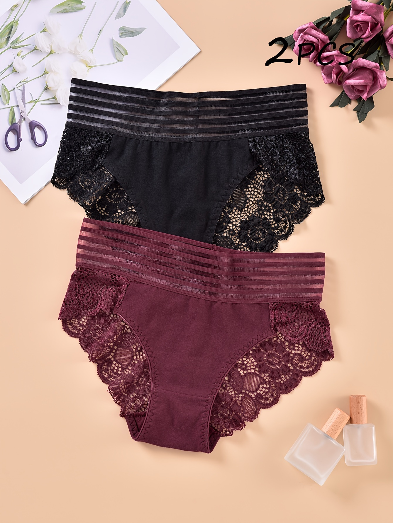 Contrast Lace Briefs Comfy Seamless Scallop Trim Intimates - Temu