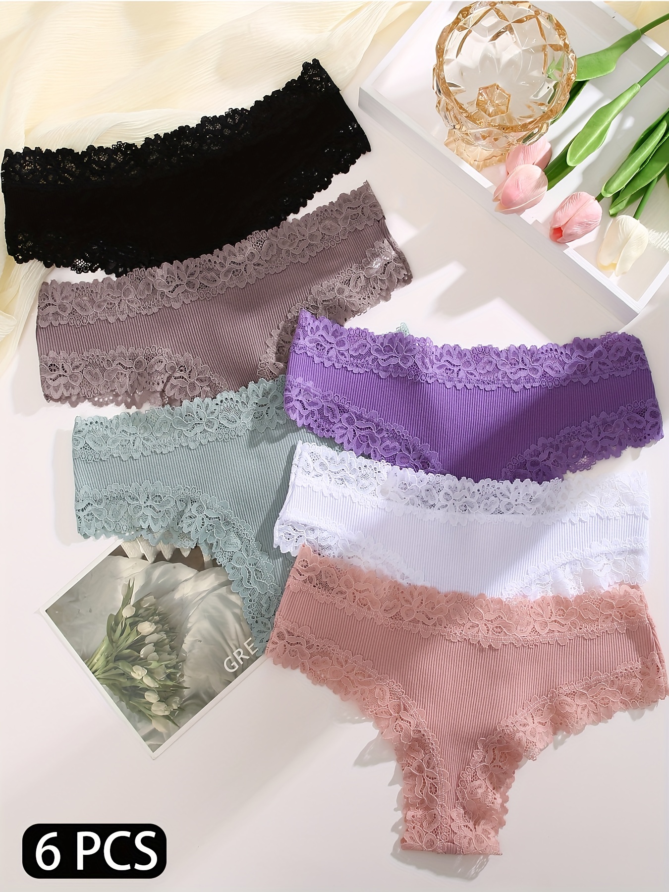 6pcs Bow Contrast Lace Bikini Panties, Comfy Colorblock Elastic Intimates  Panties, Women's Lingerie & Underwear