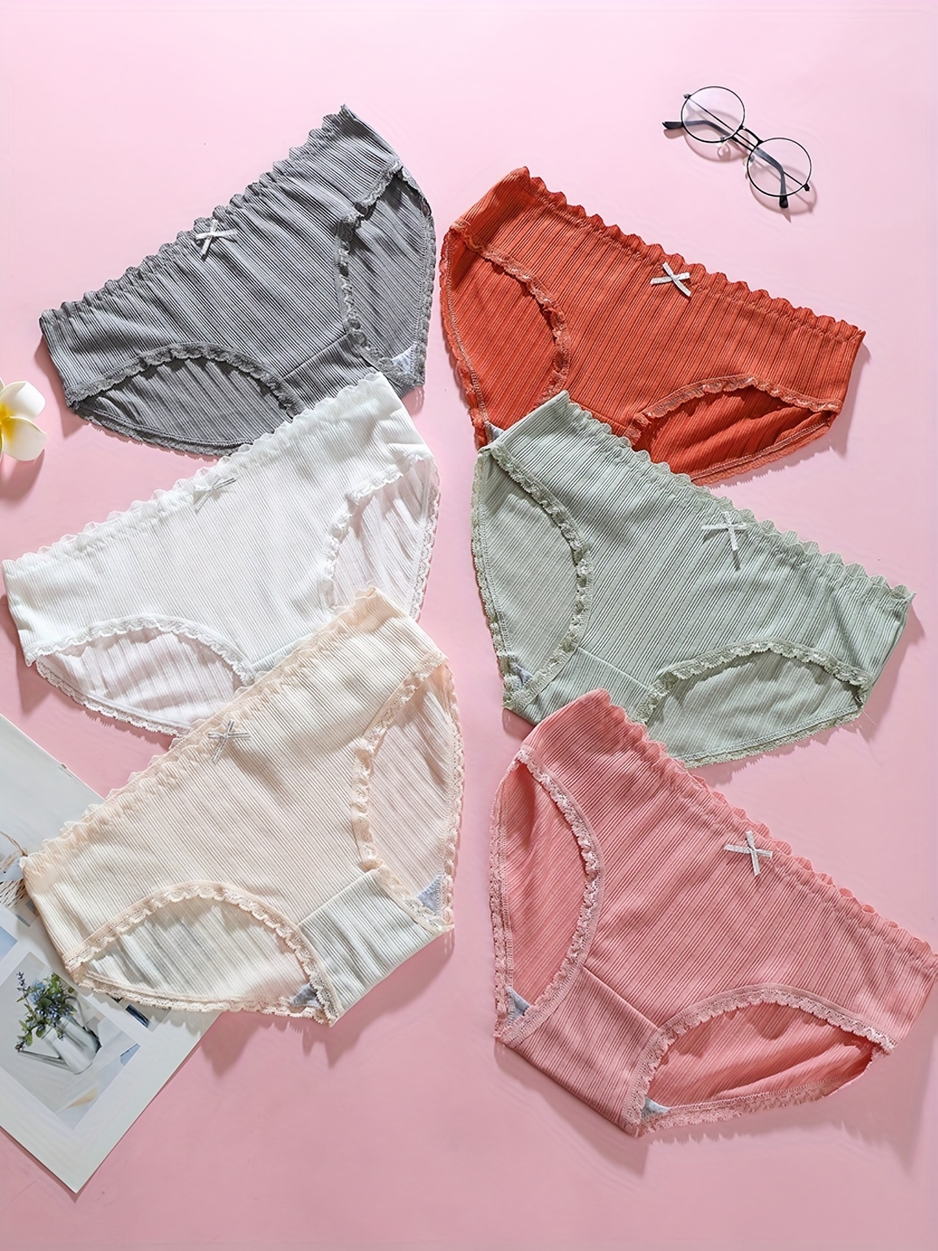 5pcs Heart & Fruit Print Thongs, Cute Comfy Lace Trim Intimates Panties,  Women's Lingerie & Underwear