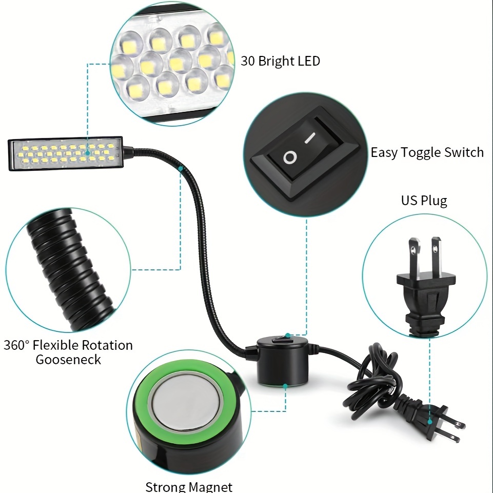 Lámpara de trabajo de cuello de cisne flexible LED para máquina de coser  con base de montaje magnético para banco de trabajo, torno, taladradora