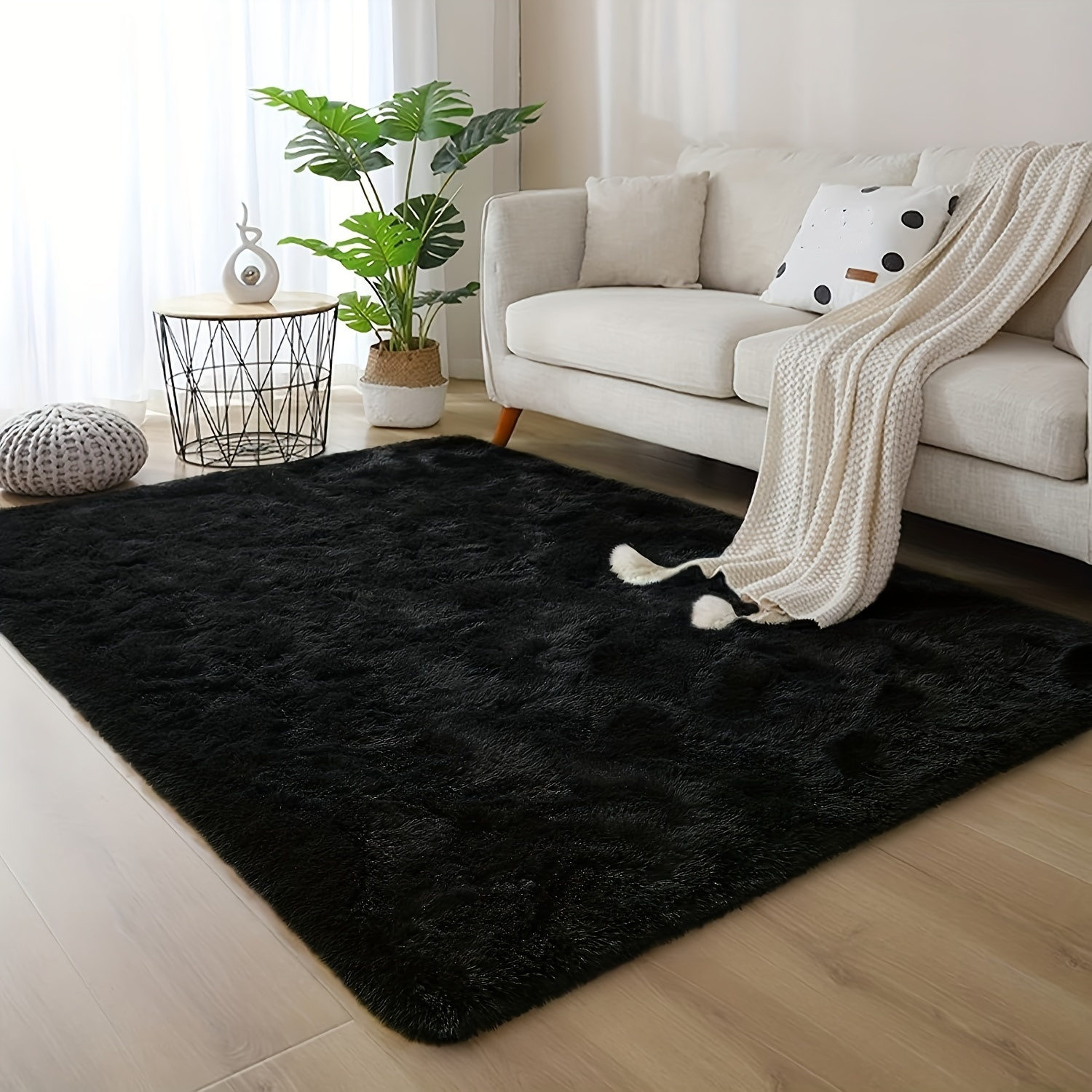 Alfombra negra para sala de estar, grande de 5 x 8 pies, alfombra suave y  esponjosa para dormitorio, cuarto de bebé, alfombra peluda rectangular