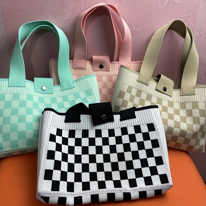 Checkered Print Letter Patch & Faux Pearl Decor Shoulder Tote Bag