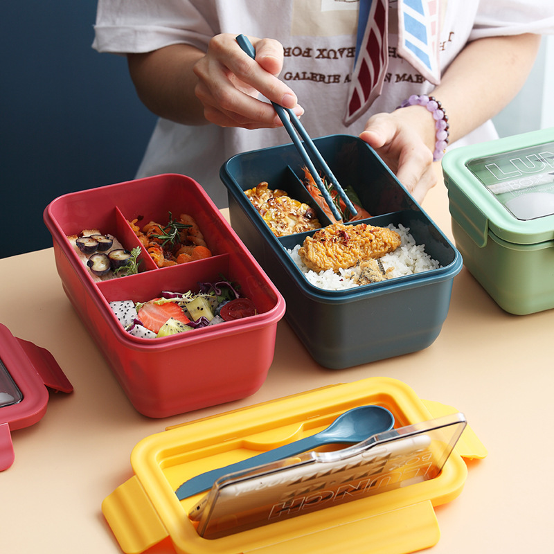 3 Grid Brown Lunch Box With Spoon & Fork Online