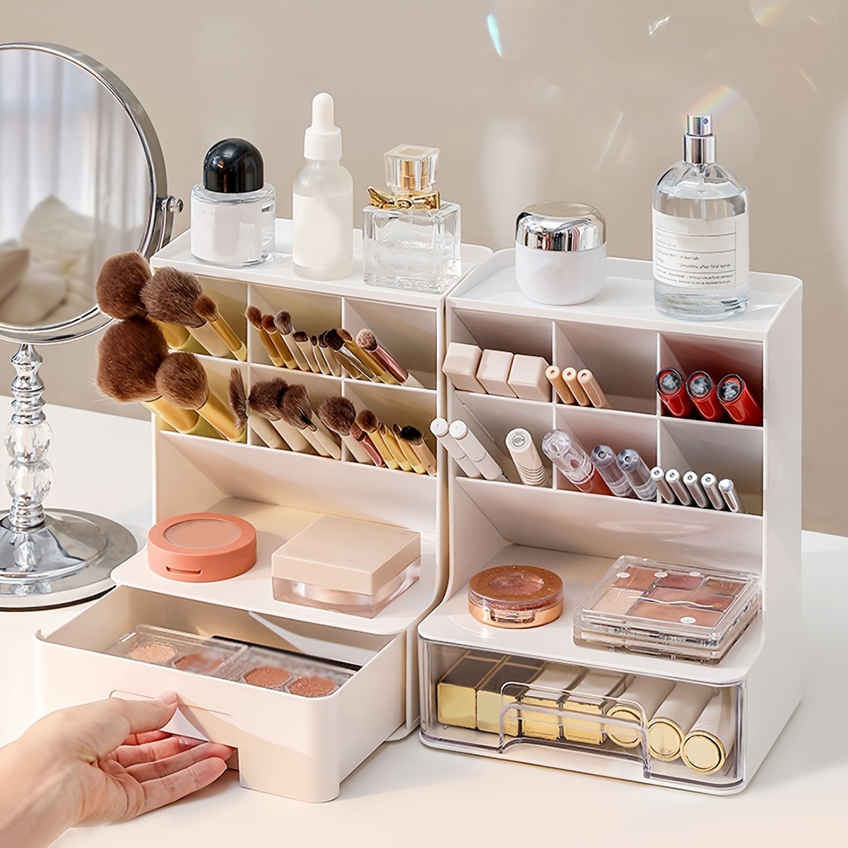 Organizador de maquillaje transparente grande para productos del cuidado de  la piel y cosméticos. Contenedores de almacenamiento apilables, cubo para