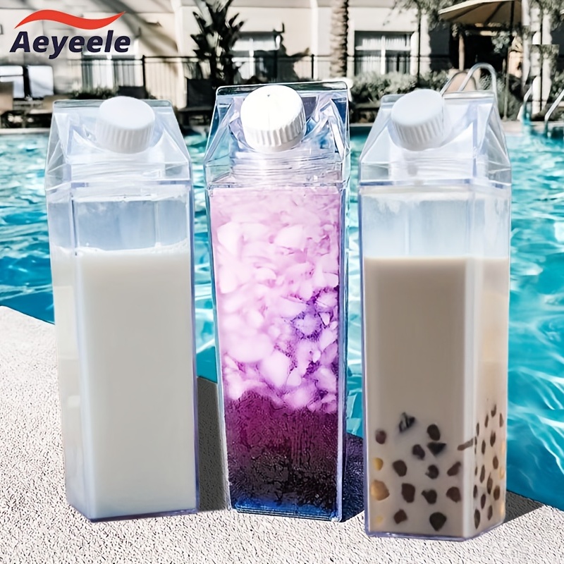 Bouteille d'eau carrée en carton de lait - Anti-fuite - En plastique  transparent - Sans BPA - Bouteille d'eau portable pour sports de plein air  avec brosse et paille - 1 000