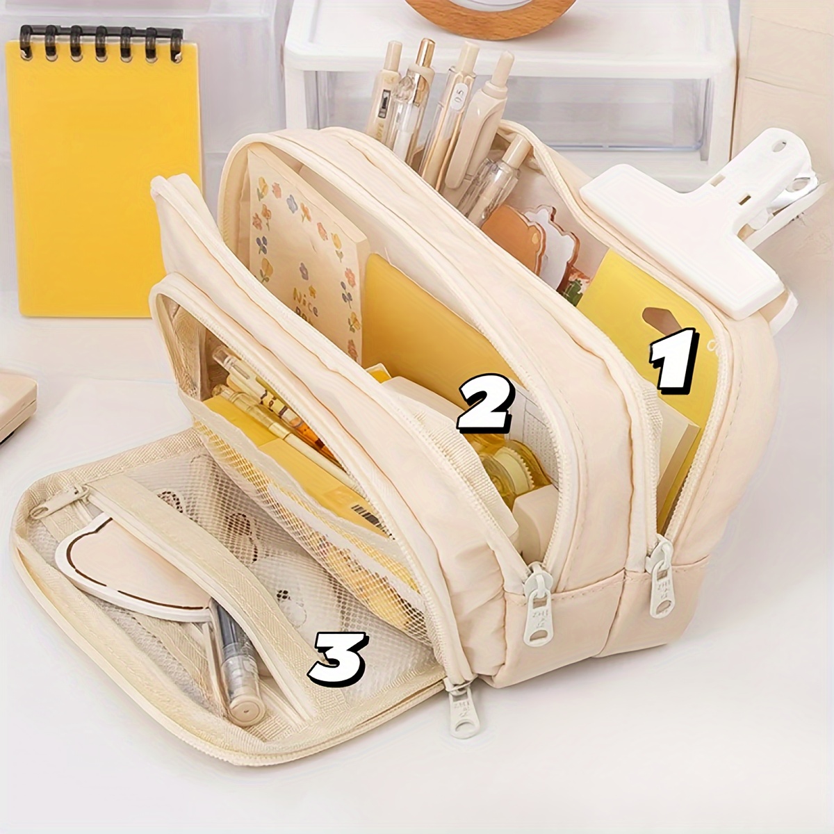 1pc Large Capacity Solid-colored Beige Pencil Case, Ins Style