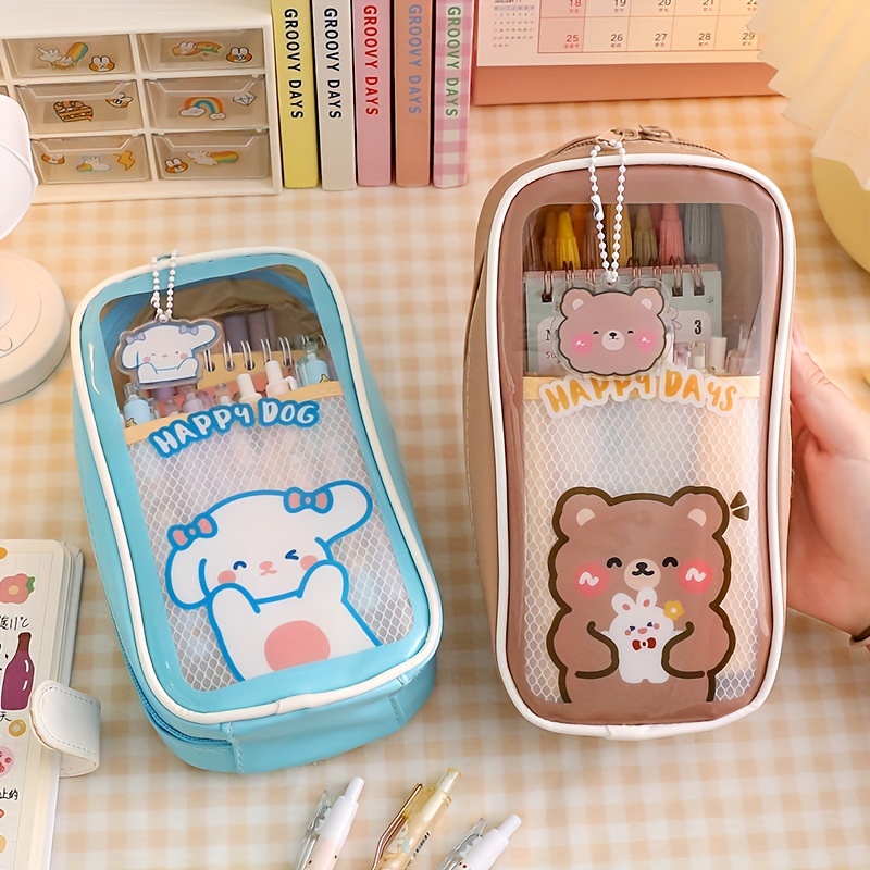 Kawaii Pencil Pouch Large Clear Pencil Pouch Double Layer  Zipper Pencil Case Cute Kawaii Love Heart Bunny Pen Bags Holder Waterproof  Stationery Organizer Bag Study Office Supplies (Sage Green) : Office