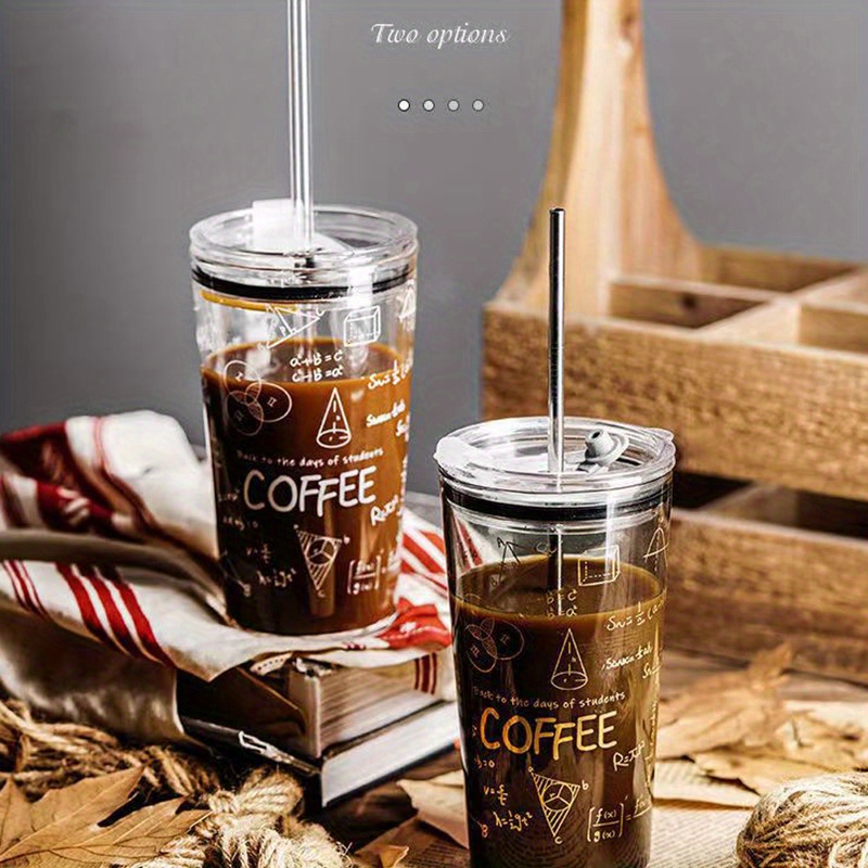 1pc Simple Glass Coffee Mug With Lid, Straw, Portable For Women And Office,  Suitable For Drinking Iced Americano And Latte. Trendy Ins Style.