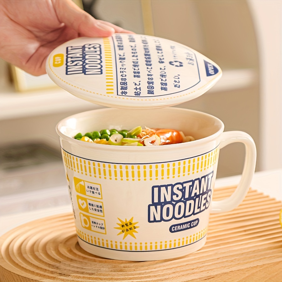 Microwavable Ceramic Noodle Bowl with Handle and Glass Lid Cute