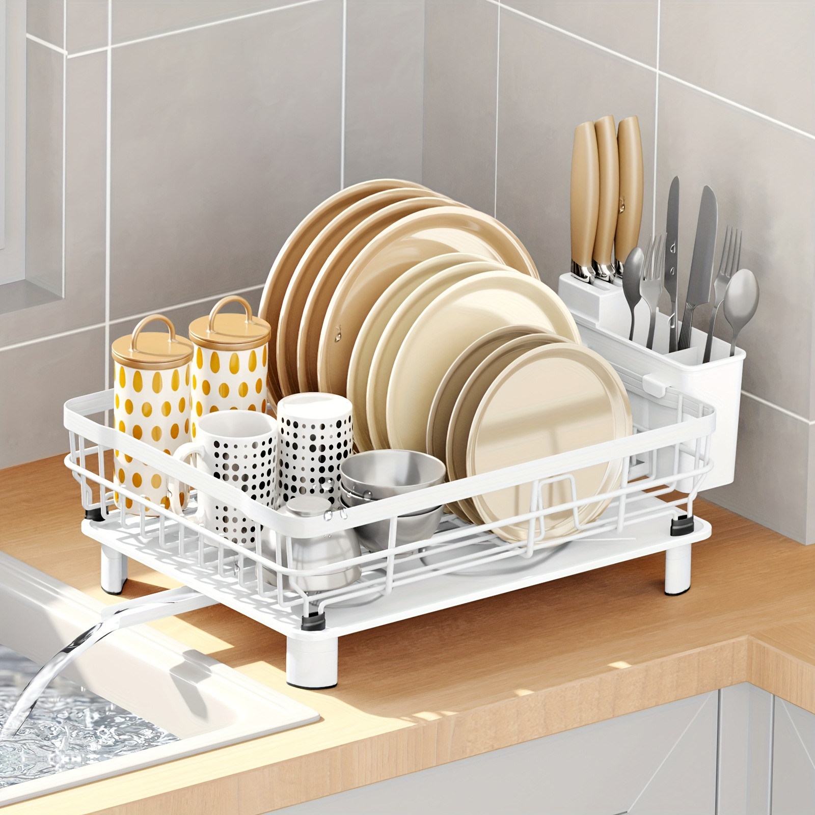 1pc Space-Saving 2 Tier Dish Drying Rack with Drainboard and Cutlery Holder  - Perfect for Kitchen Counter, Cabinet, and Bathroom - Black and White Des