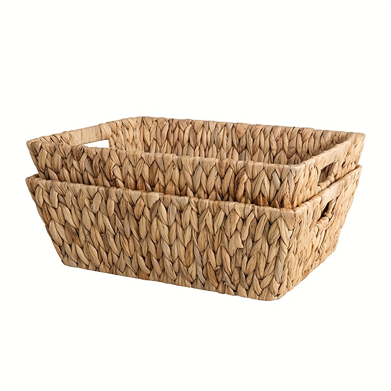 Set Of 2 Bathroom Baskets For Organizing, Decorative Water Hyacinth Small  Wicker Basket Organizer, Toilet Paper Storage Baskets With Wooden Handles  And Natural Fiber Liner