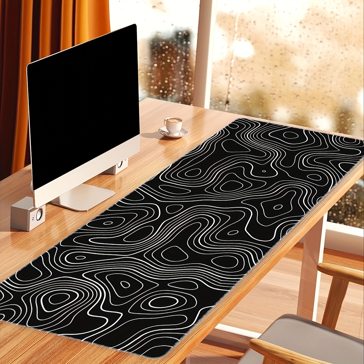 Tapis de souris japonais noir avec vague de mer abstraite - 80 x 30 cm -  Texture vague de mer - Base en caoutchouc antidérapante - Grand tapis de