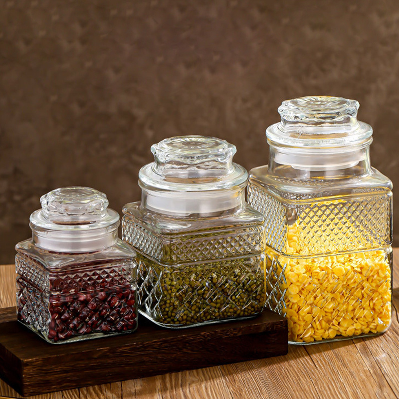 4Pcs Acacia Wood Cover Seasoning Jar Square Transparent Glass Bottles  Kitchen Storage Salt Spice Restaurant Sealing Cans