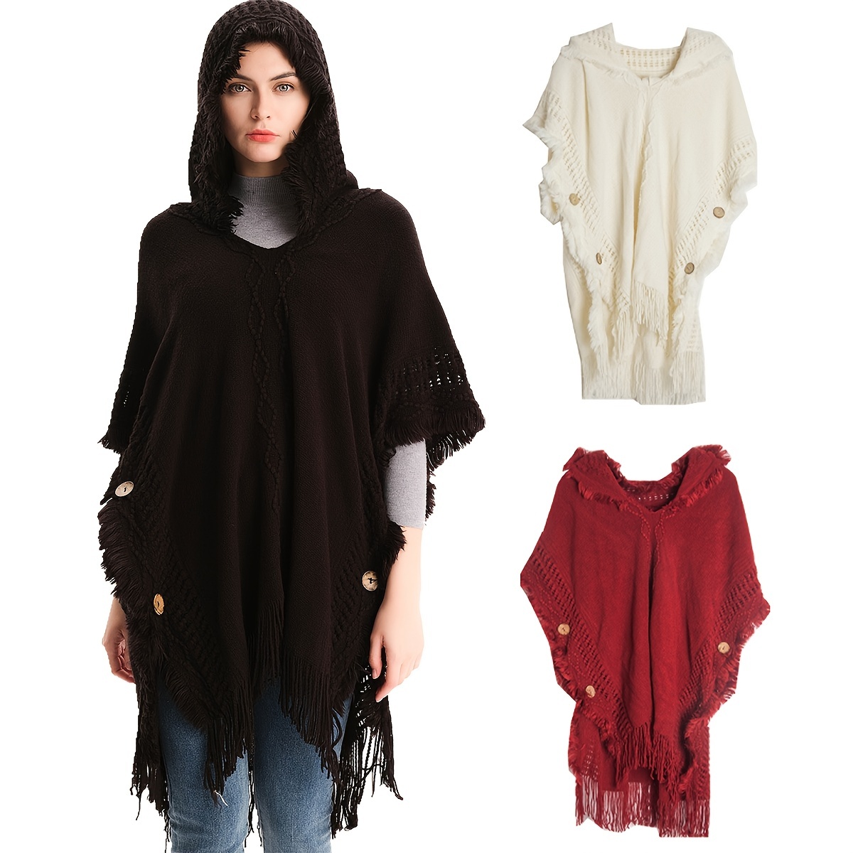Plush Thickened Shawl Female Loose Tassel Hooded Cape Women's Shawl Coat  Fashion Loose Mid-length Knitted Cardigan Jacket - Capes & Ponchos -  AliExpress