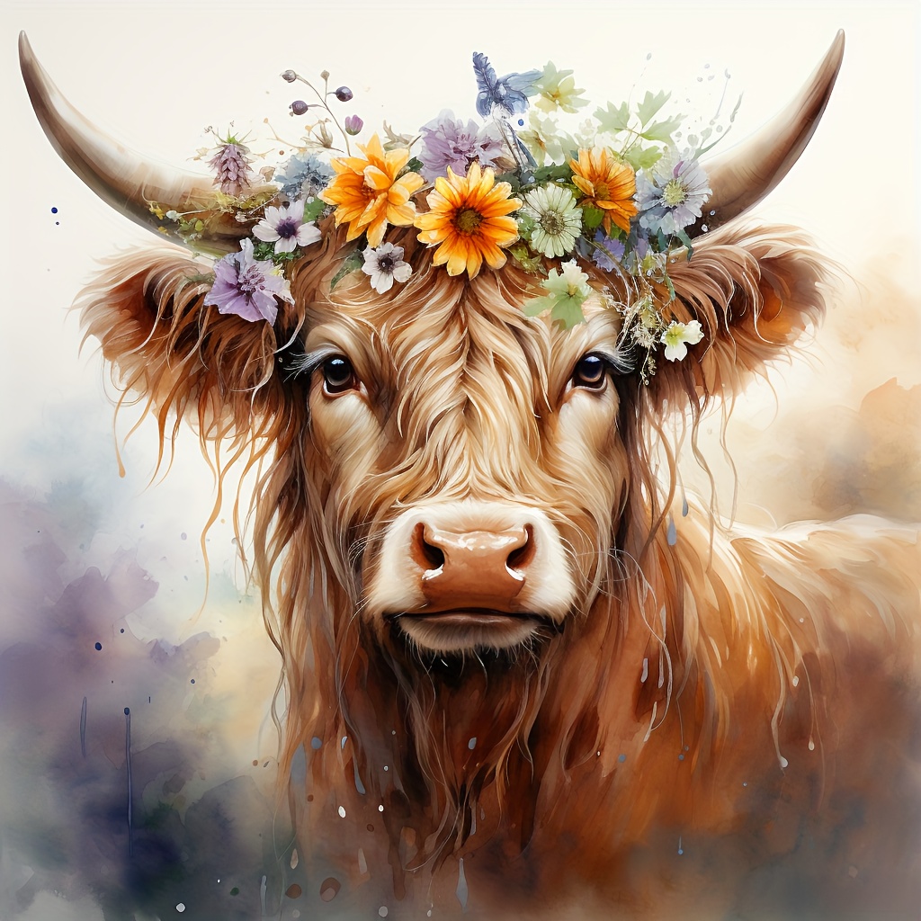 5D Diamond Painting Two Highland Cows in the Wild Flowers Kit