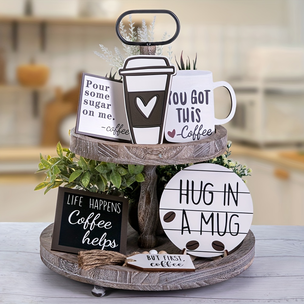 8 Pieces Coffee Tiered Tray Decor Coffee Bar Accessories Table Centerpiece  Farmhouse Decorations Gnome Rustic Coffee Bar Wood Signs for Home Kitchen