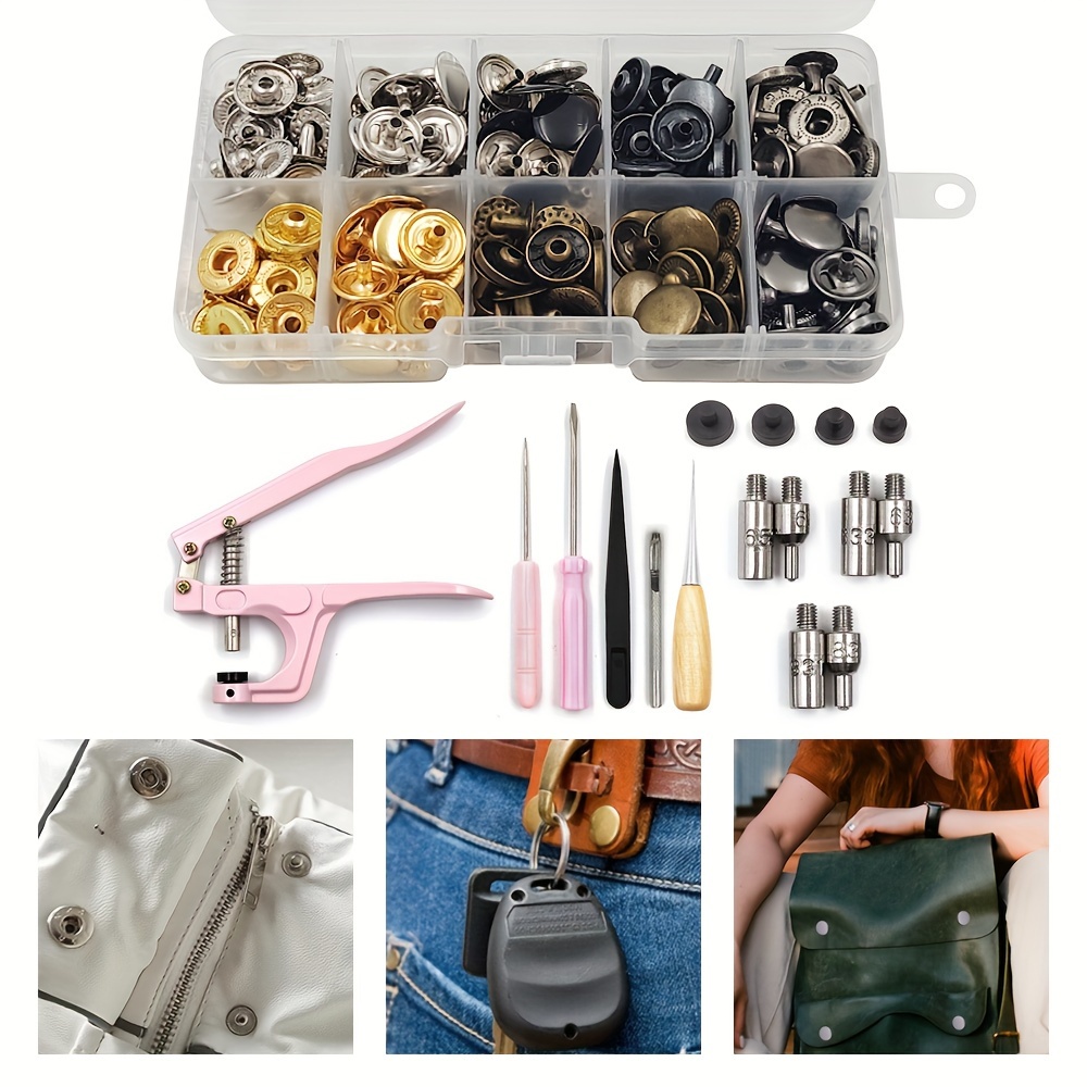 200 Pieces (50Sets) Snap Fastener Kit Tool 5/8 inches (15mm) Snap Button  kit Snaps for Leather Snap Fasteners Kit for Leather Stainless Snaps Button