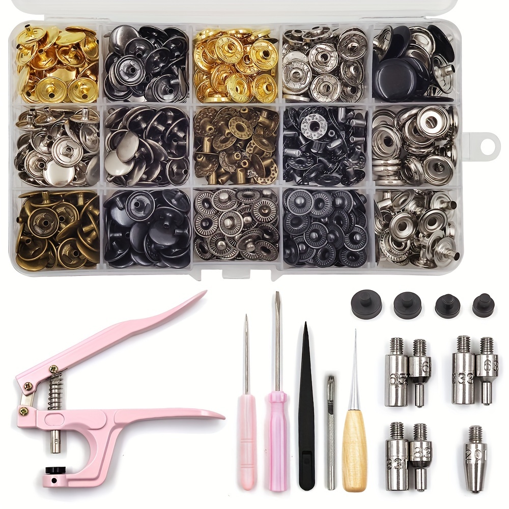 200 Pieces (50Sets) 5/8 inches (15mm) Snap Fastener Kit Snap Button kit  Snaps for Leather Snap Fasteners Stainless Snaps Buttons for Bag, Clothes,  Fabric, Jeans (Bronze) 