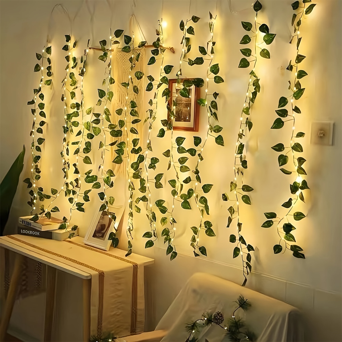 Aesthetic dorm room with led string fairy lights vines flowers