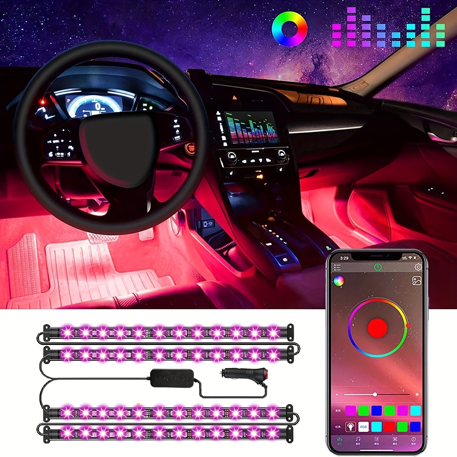 Anykuu Tiras LED Coche Luces LED Coche Interior Control Múltiples Modos Luz Interior  Coche Color Música Bajo el Tablero de Instrumentos IIuminación de Coches  con Cargador de Coche 12V : .es: Coche