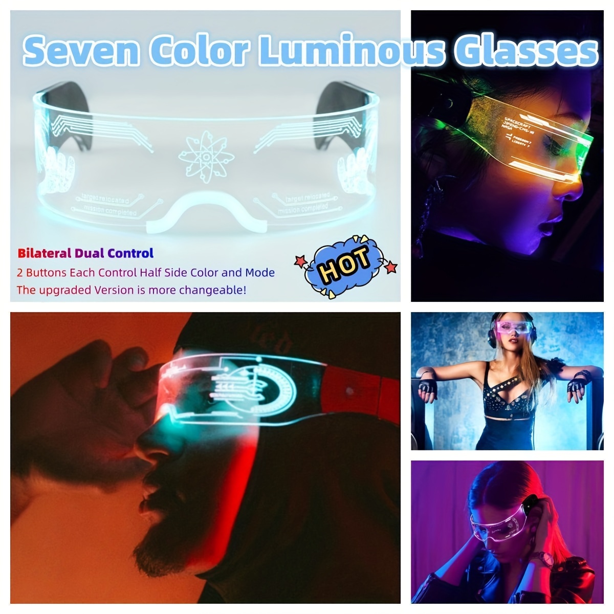 Y2k Cyberpunk Futuristic Led Visor Glasses 7 Color Light up - Temu