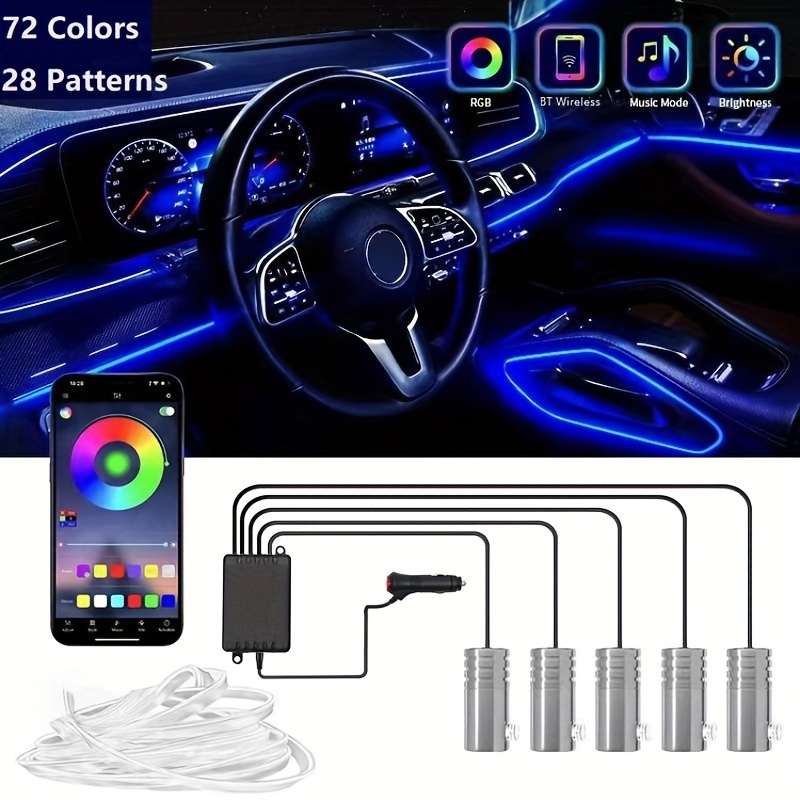 Tira de luces LED para interiores de automóvil con aplicación inalámbrica y  control remoto, kits de iluminación ambiental RGB 5 en 1 con fibra óptica