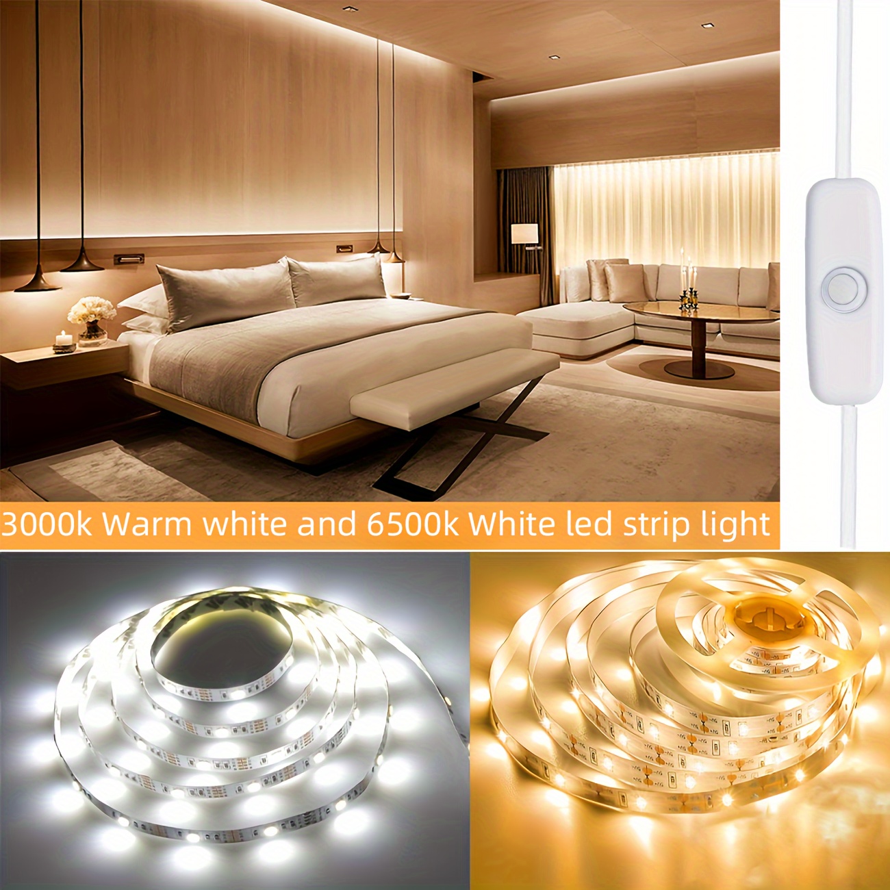 Tira de luces LED a pilas, impermeable, 6.56 pies, tira de luces LED  adhesivas flexibles para dormitorio, interior y exterior, paquete de 2  unidades