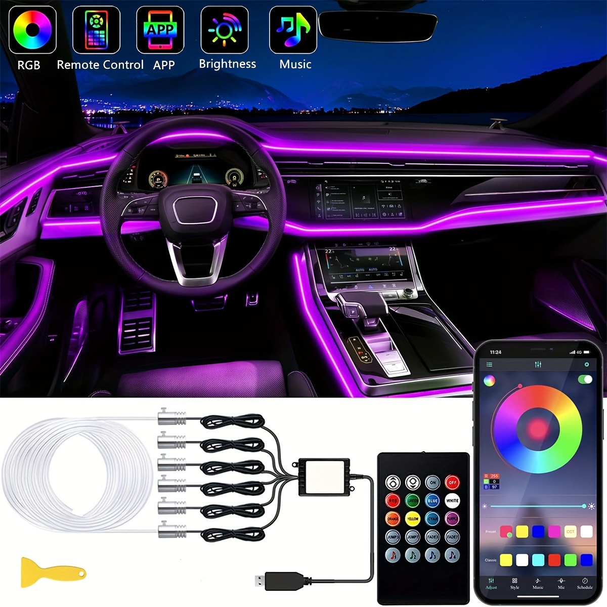 In1 6m RGB LED Car Ambient Interior Light with APP Control Car Neon  Atmosphere Strip Light Decorative Lamps Normal LED Light Strip - China Car  Door Light Strip, LED Strip Light